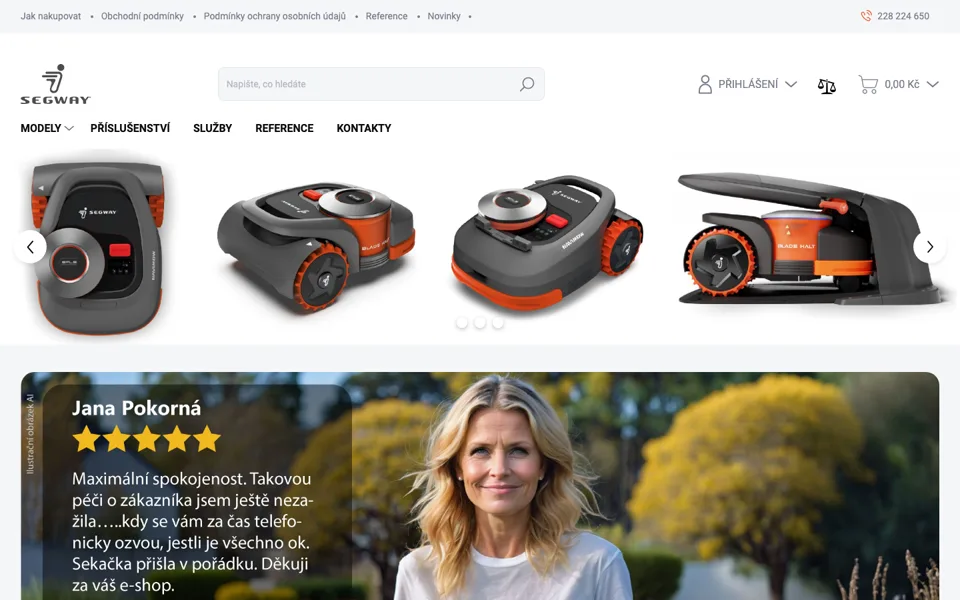 Náhled webu Robotické sekačky: Segway Navimow, Mammotion, Husqvarna Automower