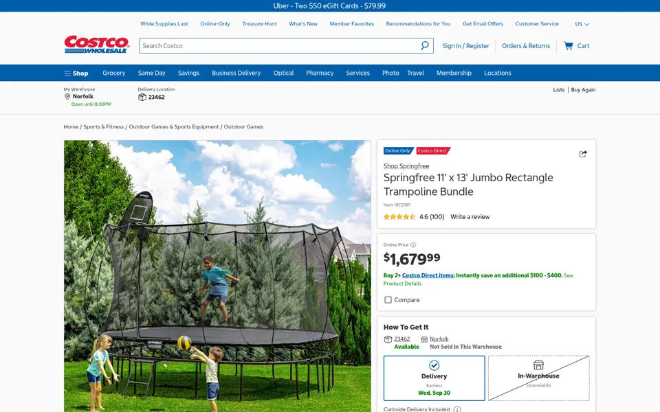 Náhled webu Costco - Springfree 11 x 13 bundle