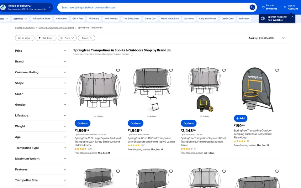 Náhled webu Walmart - Springfree trampolines