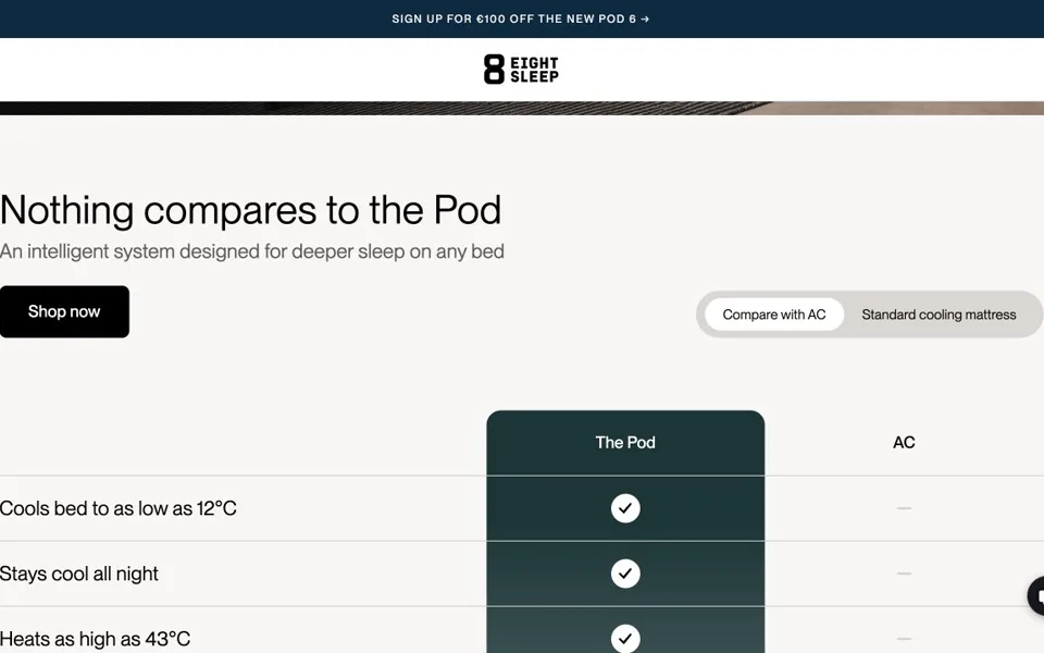 Náhled webu Eight Sleep – Pod Compare