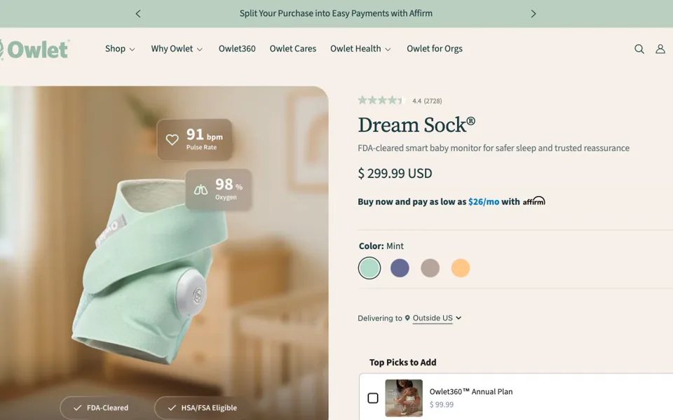 Náhled webu Owlet – Dream Sock