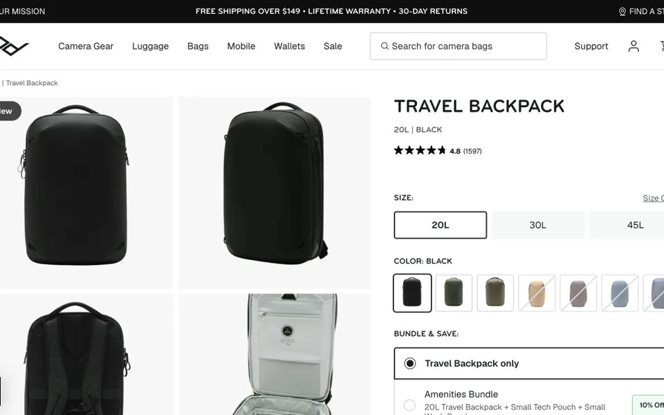 Náhled webu Peak Design – Travel Backpack